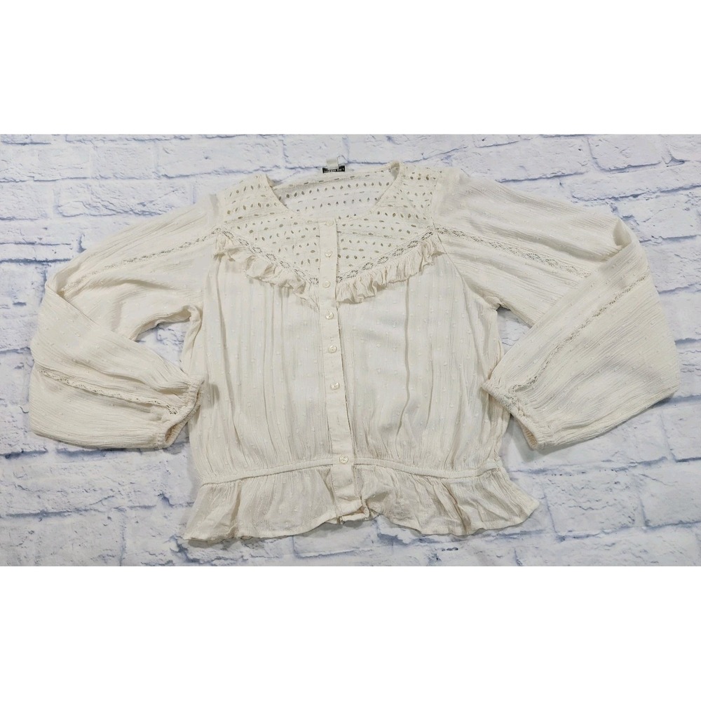 American Eagle WOMENS SIZE M Lace Accent Peasant Blouse Cream Ivory Button Front